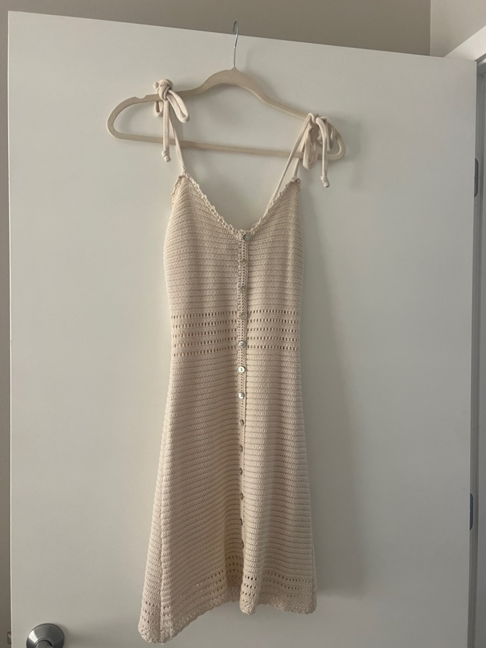 Cream Crochet Button-Front Tie-Shoulder Slip Dress